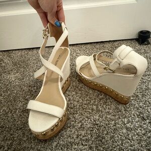 Via Spiga White Wedge Sandals with Gold Accents